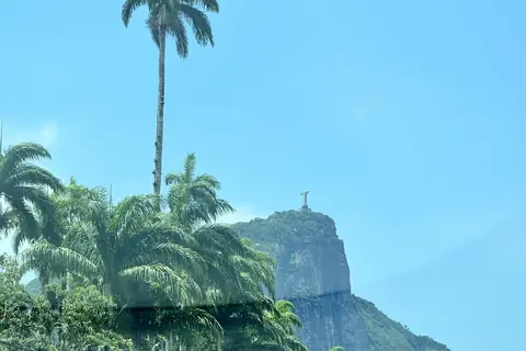 Die Christusstatue auf dem Corcovado hinter Palmwipfeln