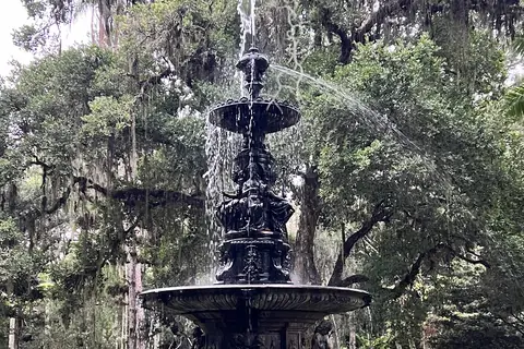 Brunnen zwischen alten Bäumen im Botanischen Garten von Rio